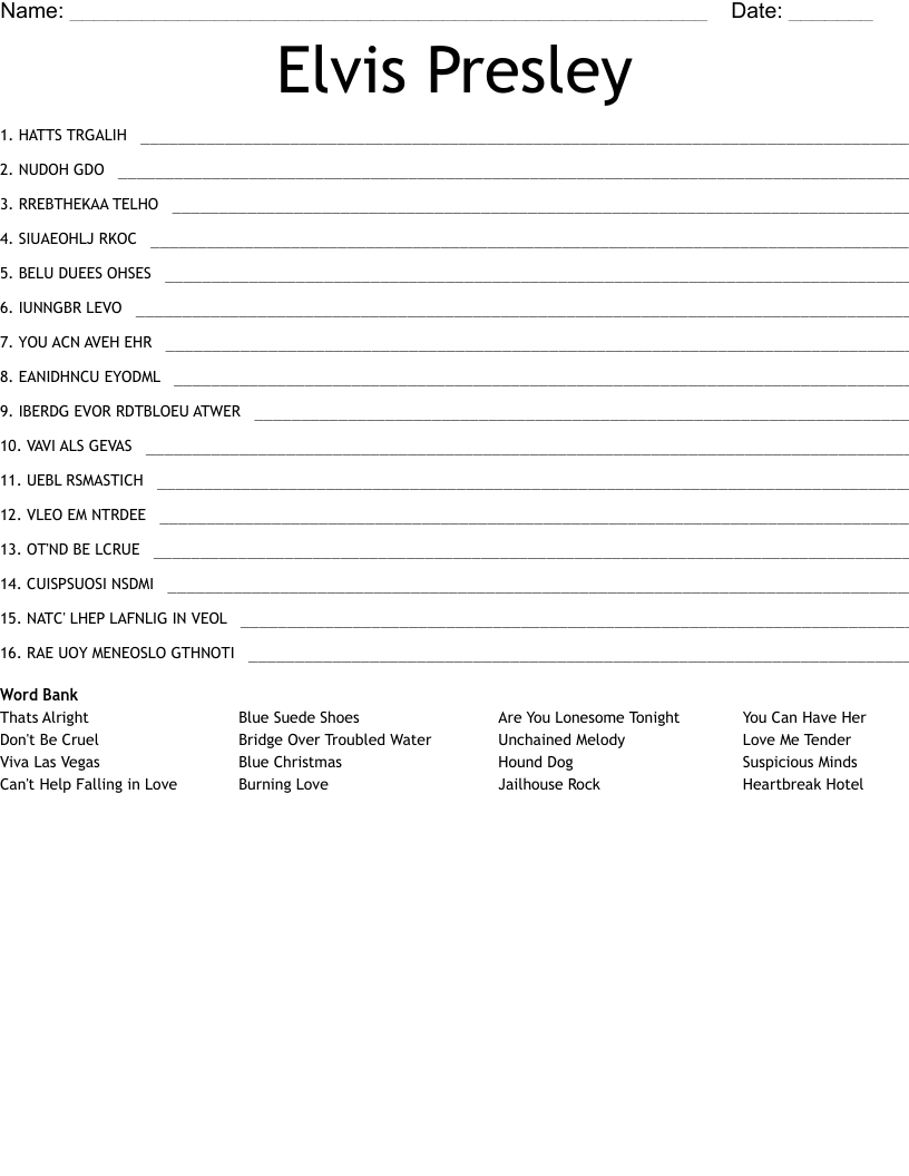 Elvis Presley Word Scramble WordMint