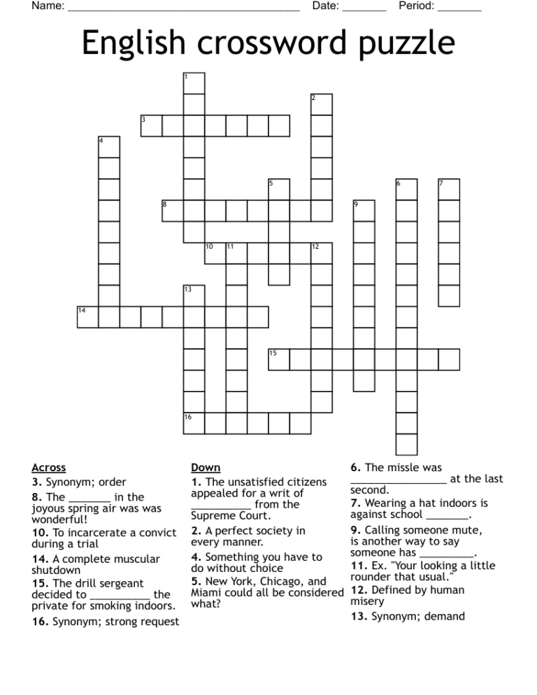 English Crossword Puzzle WordMint