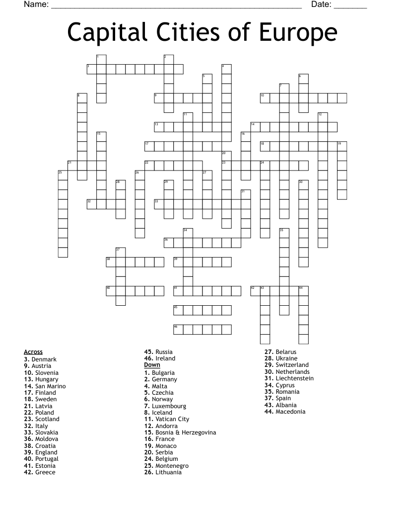 Europe Countries And Capitals Crossword WordMint