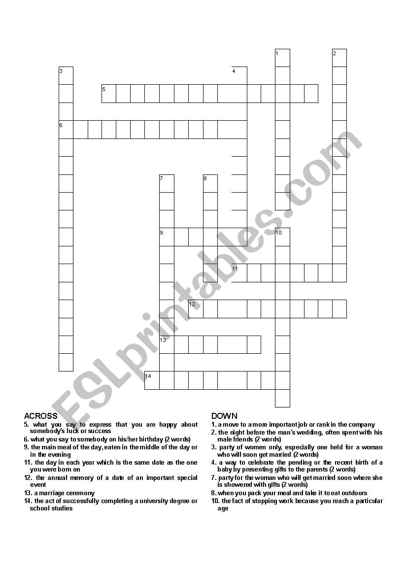 Events And Occasions Crossword Puzzle ESL Worksheet By O yusuph