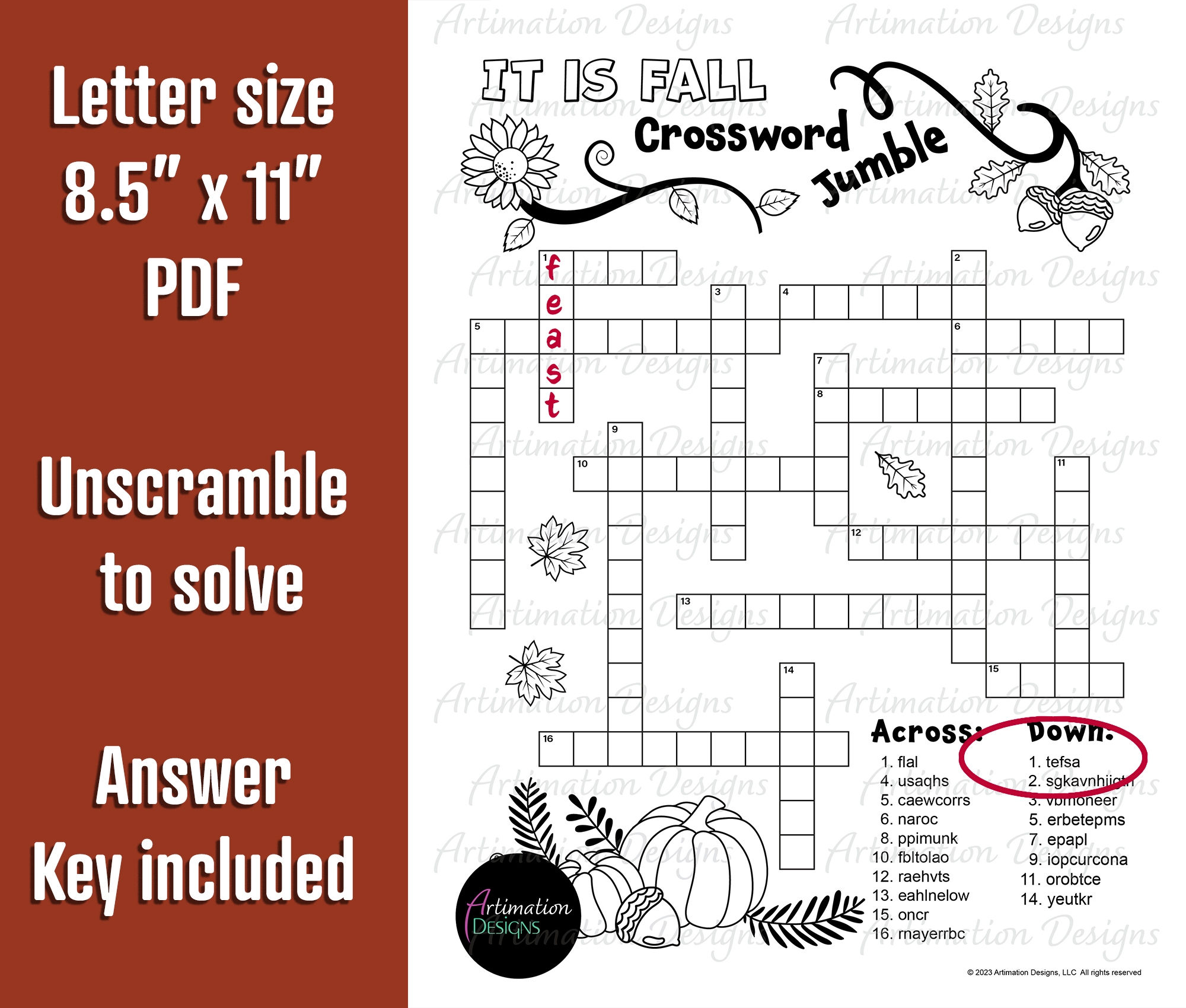 Fall Crossword Jumble Puzzle Autumn Word Scramble Word Game Activity Made By Teachers