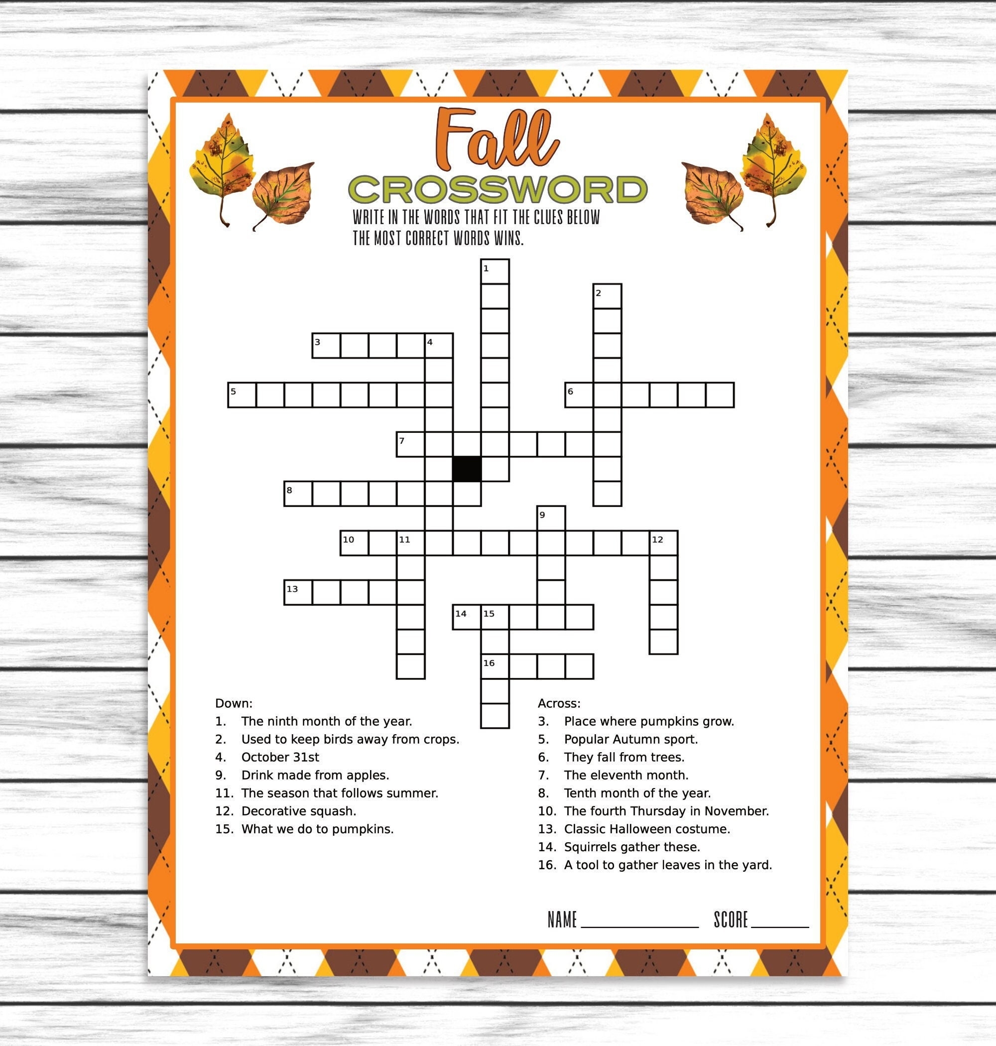 Fall Crossword Puzzle Quiz Fall Party Word Game Autumn Game For Adults Kids Autumn Party Printable Virtual Game Family Game Instant Etsy Israel