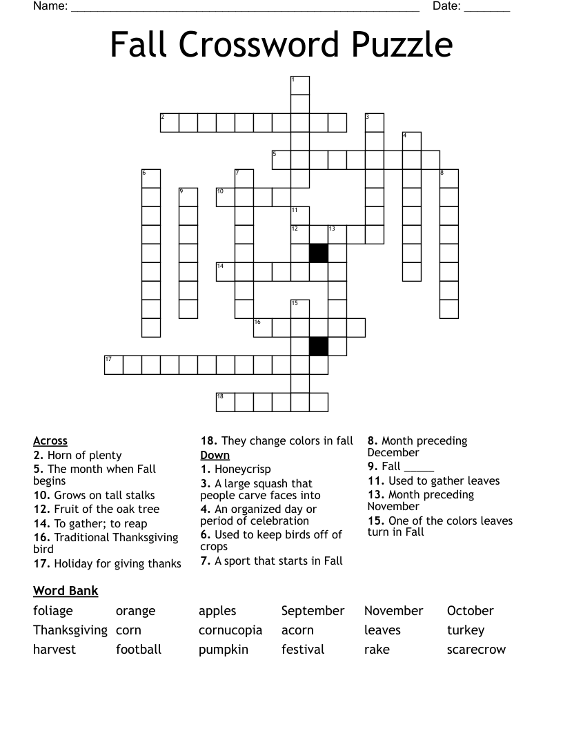 Fall Harvest Crossword Puzzle WordMint
