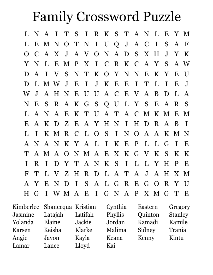 Family Crossword Puzzle Word Search WordMint