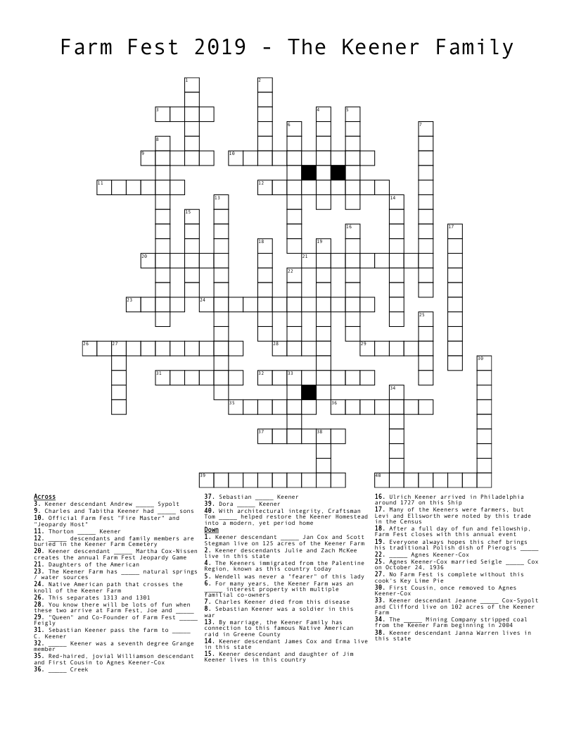 Farm Fest 2019 The Keener Family Crossword WordMint Farm Fest 2019 The Keener Family Crossword WordMint