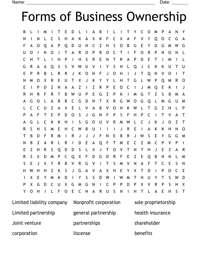 Forms Of Business Ownership Word Search WordMint