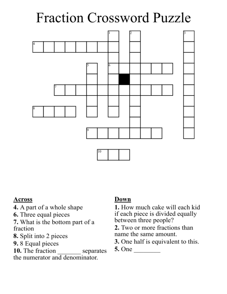 Fraction Crossword Puzzle WordMint
