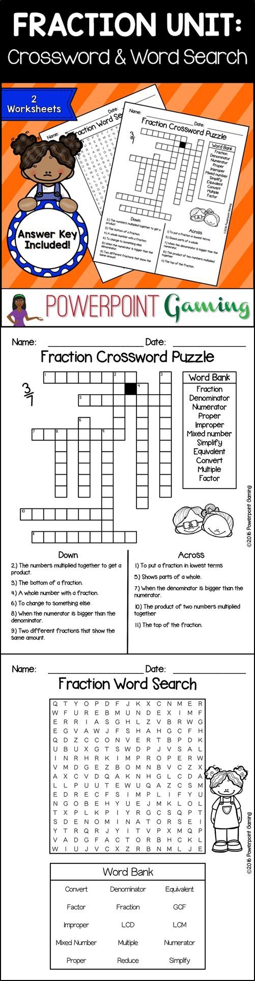 printable fraction crossword puzzle