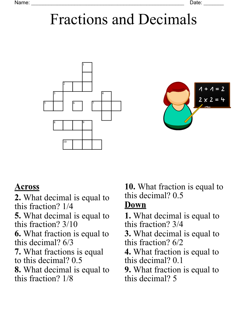Fractions And Decimals Crossword WordMint