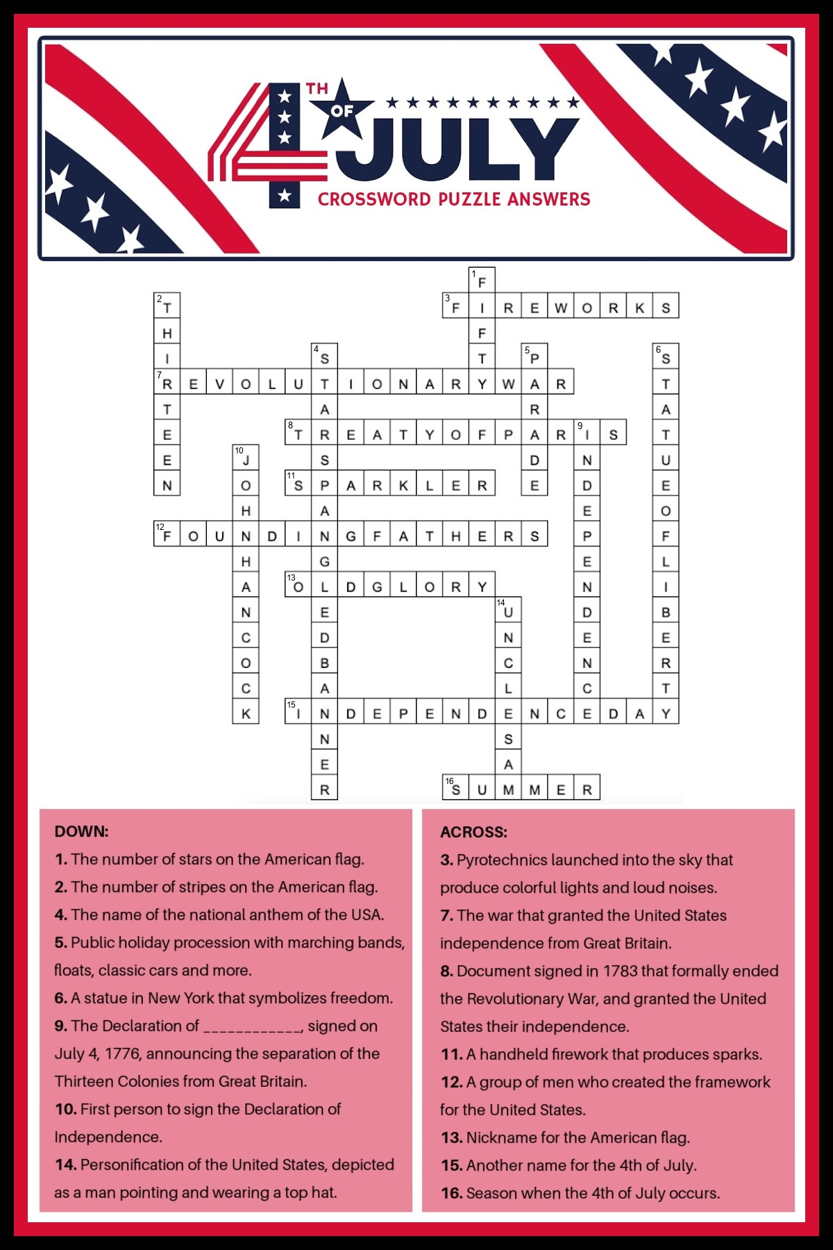 Free 4th Of July Crossword Puzzle Answer Key Included