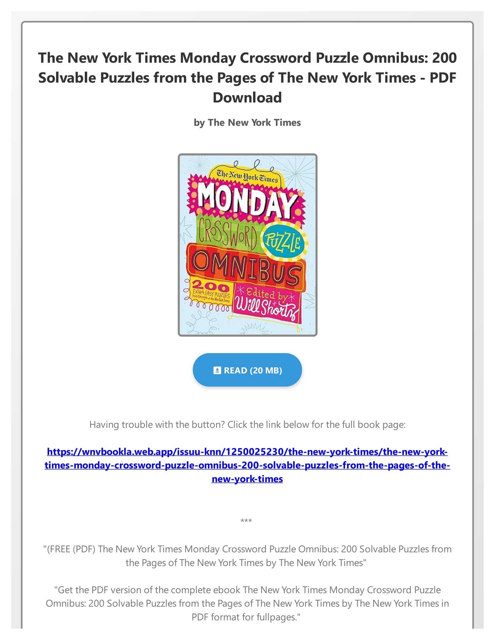 FREE PDF The New York Times Monday Crossword Puzzle Omnibus 200 Solvable Puzzles From The Pages By LeoniePourosim Issuu