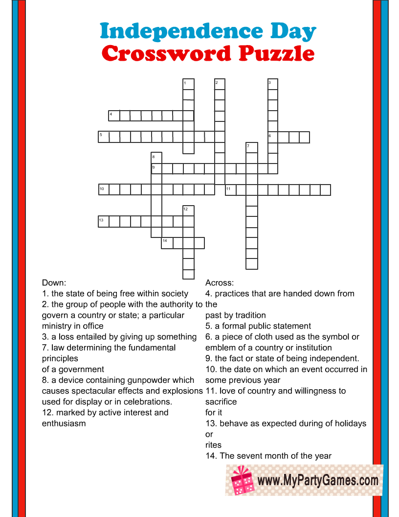 Free Printable 4th Of July Crossword Puzzle With Answer Key