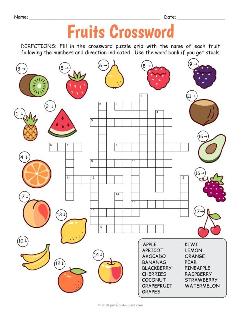 Free Printable Fruits Crossword ITTT