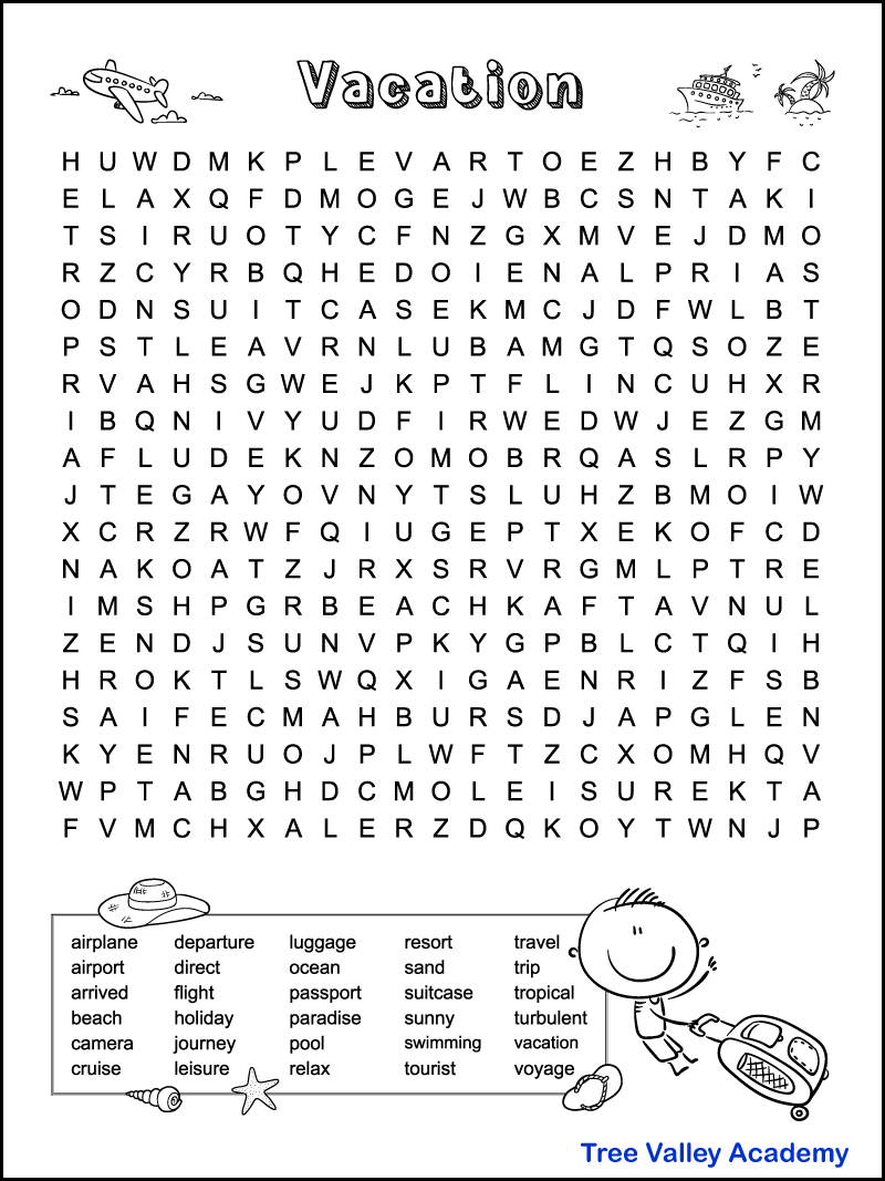 Free Printable Vacation Word Puzzle For Kids Tree Valley Academy