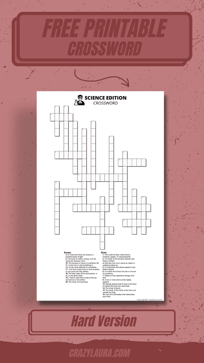 Free Science Crossword Printable Game Sheets Crazy Laura