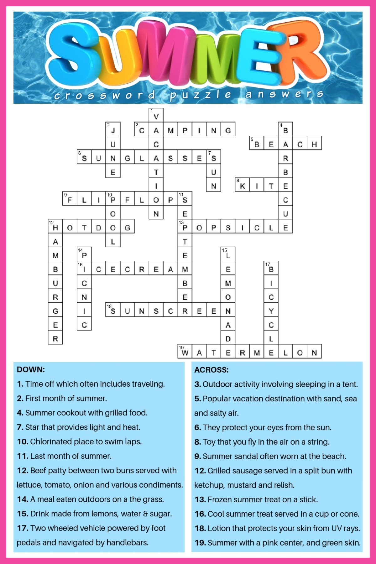 Free Summer Crossword Puzzle 2 Versions Answers Included