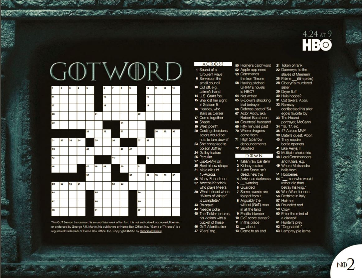 Game Of Thrones Crossword Puzzles A Blog Of Thrones