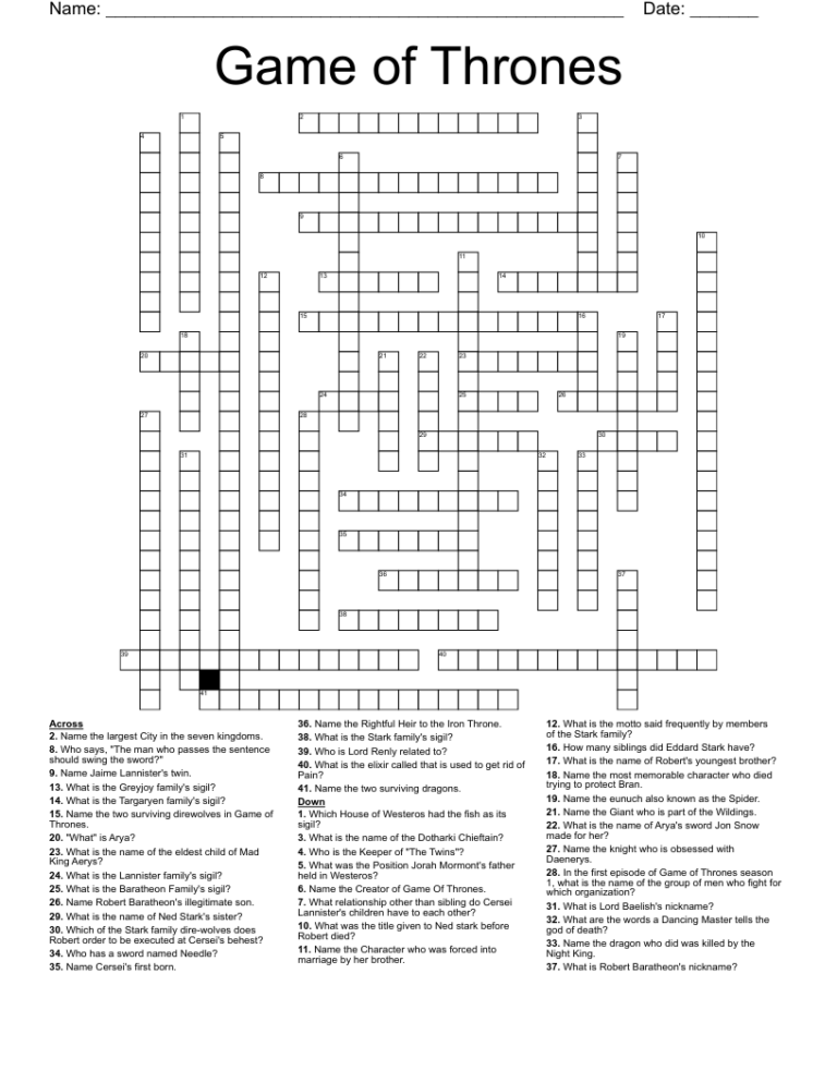 Game Of Thrones Crossword WordMint