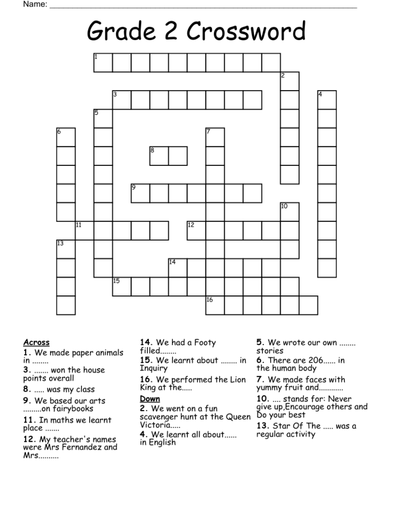 Grade 2 Crossword WordMint