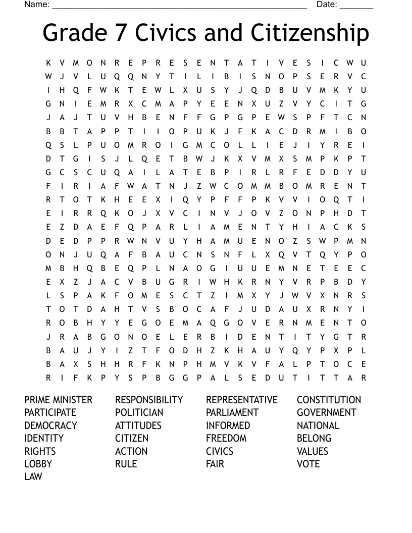 Grade 7 Civics And Citizenship Word Search WordMint