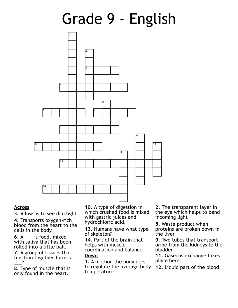 Grade 9 English Crossword WordMint