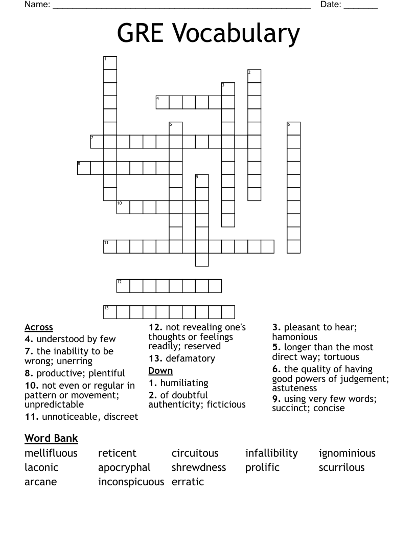 GRE Vocabulary Crossword WordMint