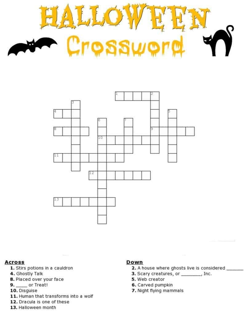 Halloween Crossword Printable With Or Without Word Bank 
