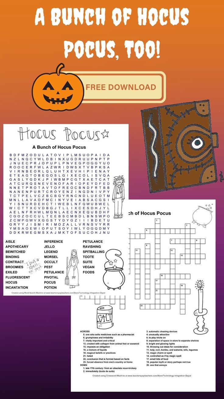 Halloween Word Find And Crossword Puzzle Hocus Pocus Too Freebie