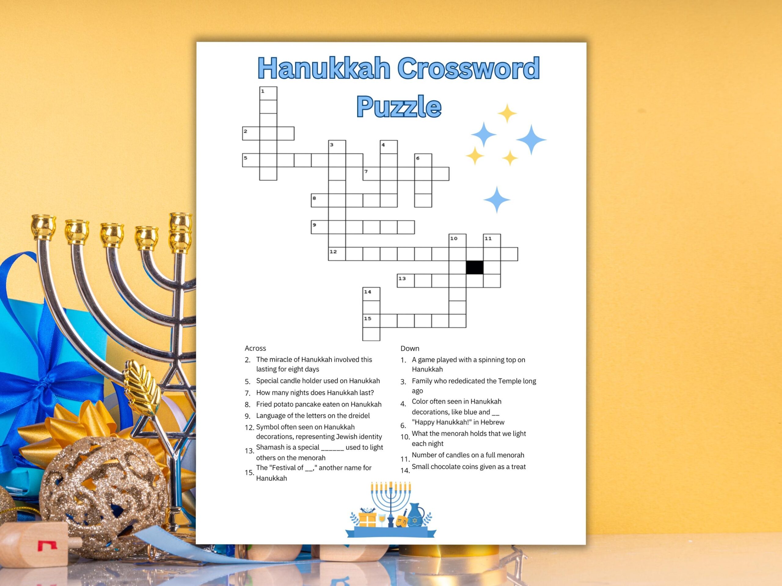 Hanukkah Crossword Puzzle Printable Worksheet Game kids Adults Seniors Family Worksheet Etsy