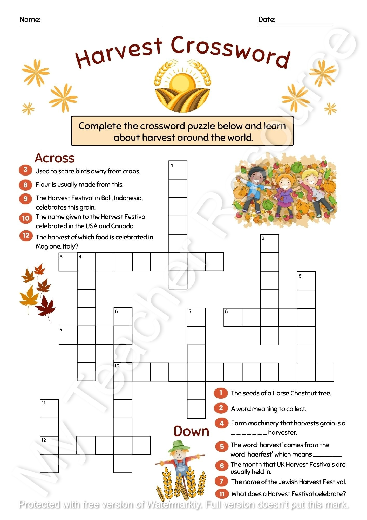 harvest crossword puzzle printable