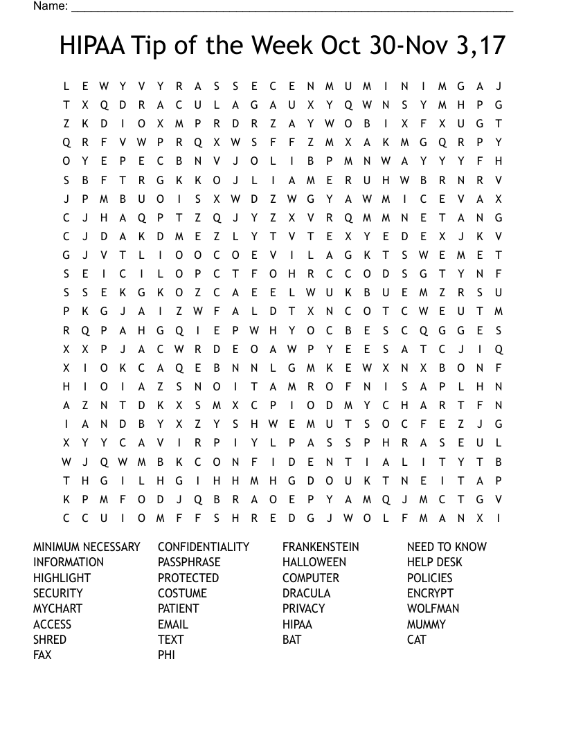HIPAA Tip Of The Week Oct 30 Nov 3 17 Word Search WordMint HIPAA Tip Of The Week Oct 30 Nov 3 17 Word Search WordMint