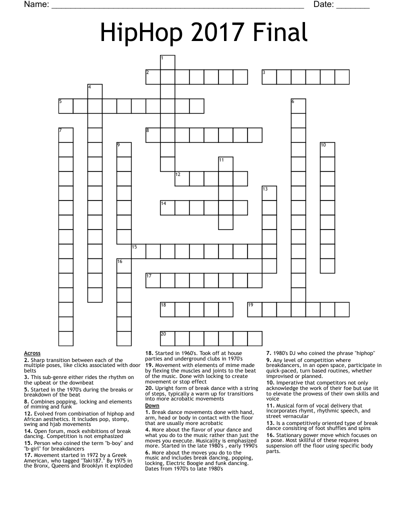 hiphop crossword puzzle printable