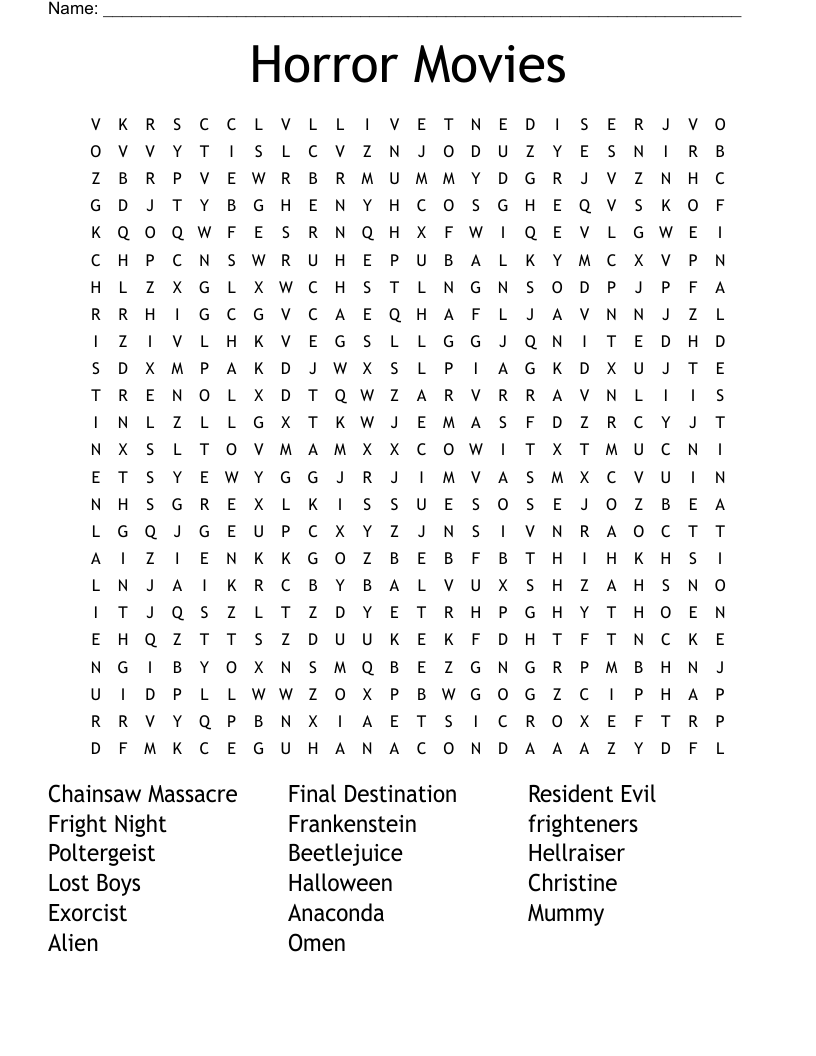 Horror Movies Word Search WordMint
