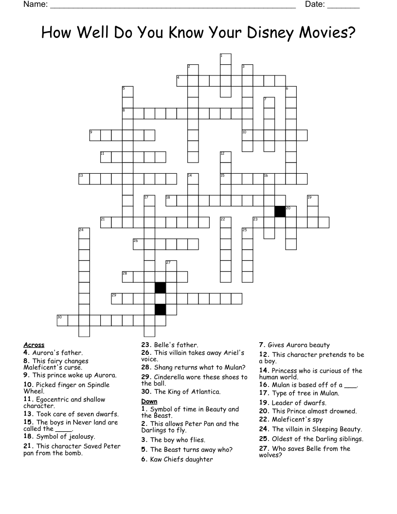 How Well Do You Know Your Disney Movies Crossword WordMint