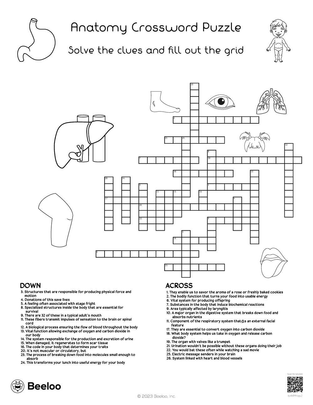 Human Body themed Crossword Puzzles Beeloo Printable Crafts And Activities For Kids