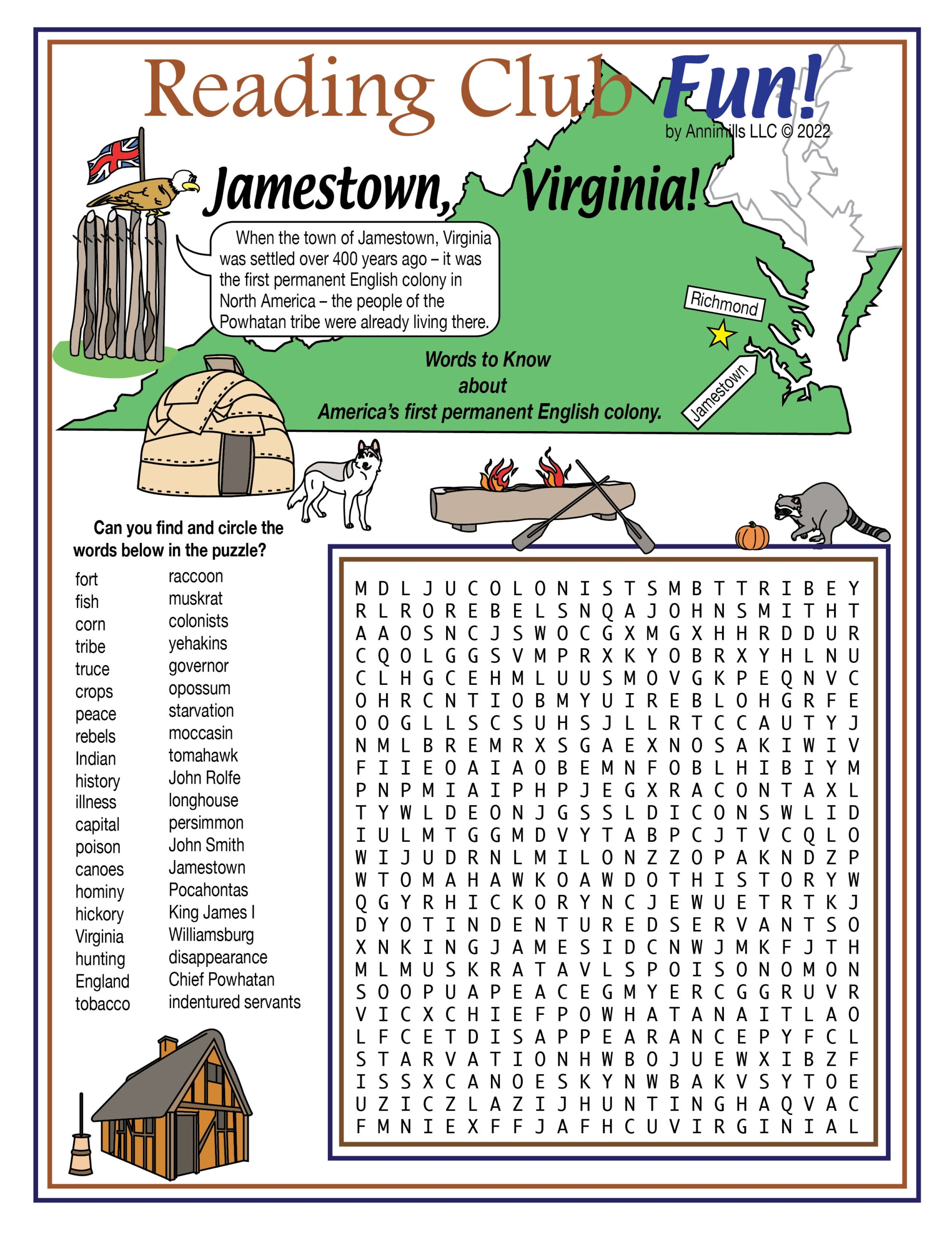 Jamestown Virginia Printable Word Search Puzzle Early Settlement Powhatan Tribe Made By Teachers