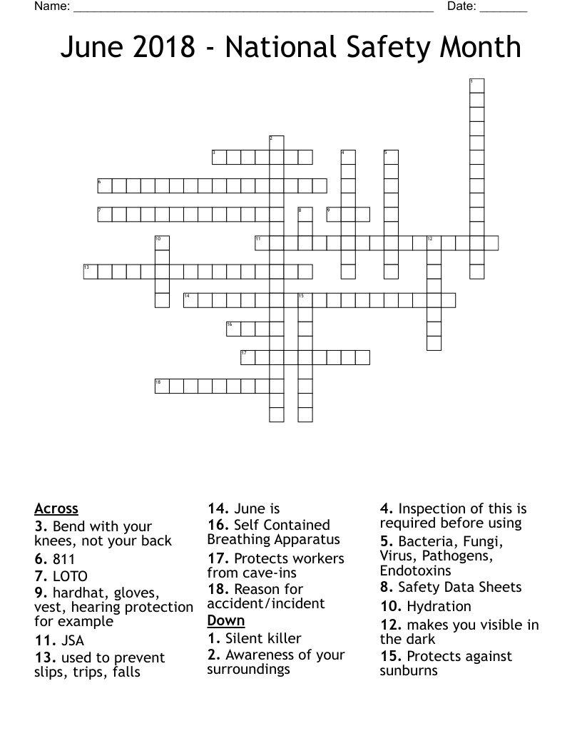 June 2018 National Safety Month Crossword WordMint