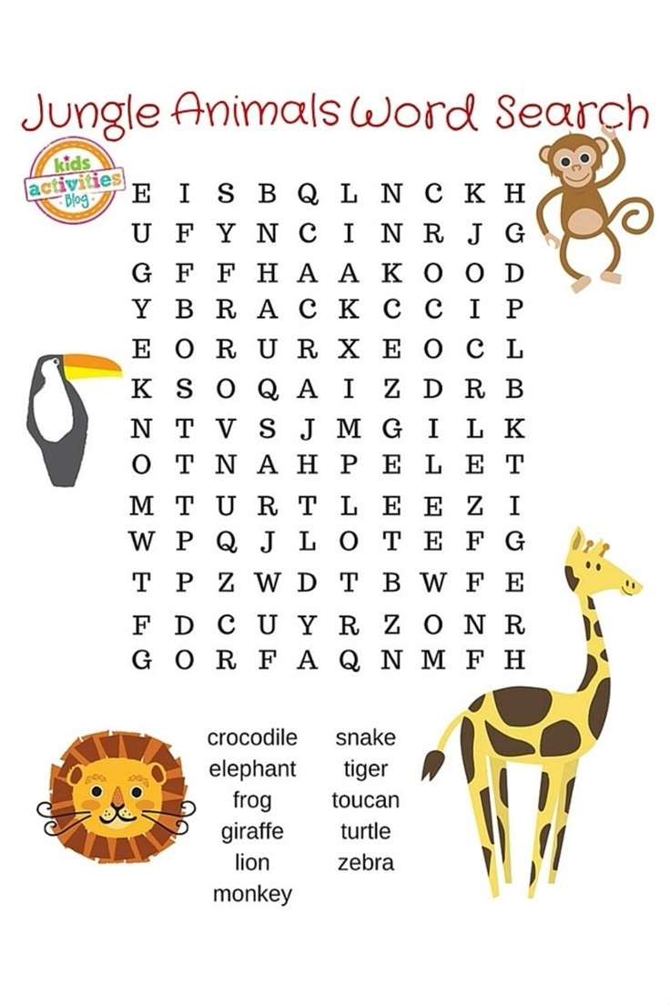 Jungle Animal Word Search Puzzle Printable