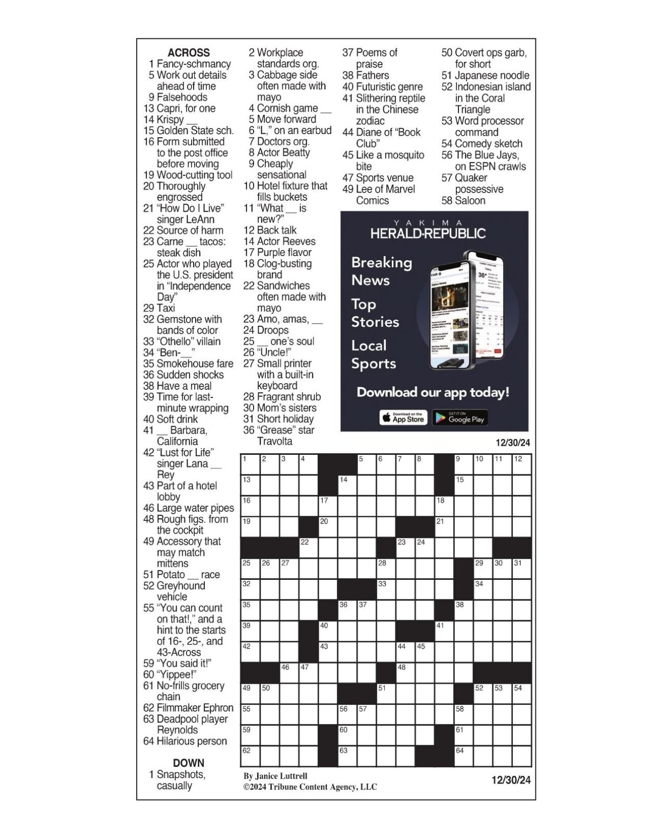 LA Times Crossword Dec 30 2024 Crosswords Yakimaherald
