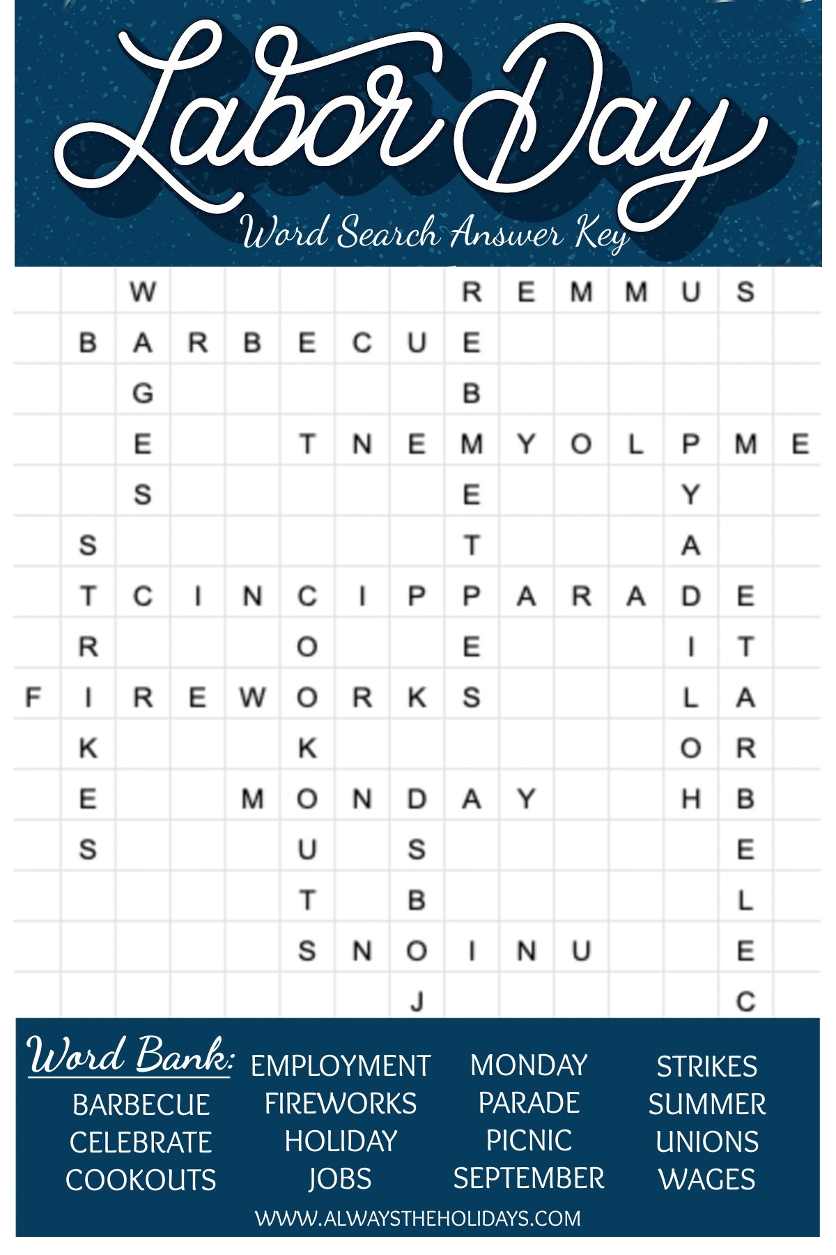 Labor Day Word Search Printable Free Word Find Answer Key