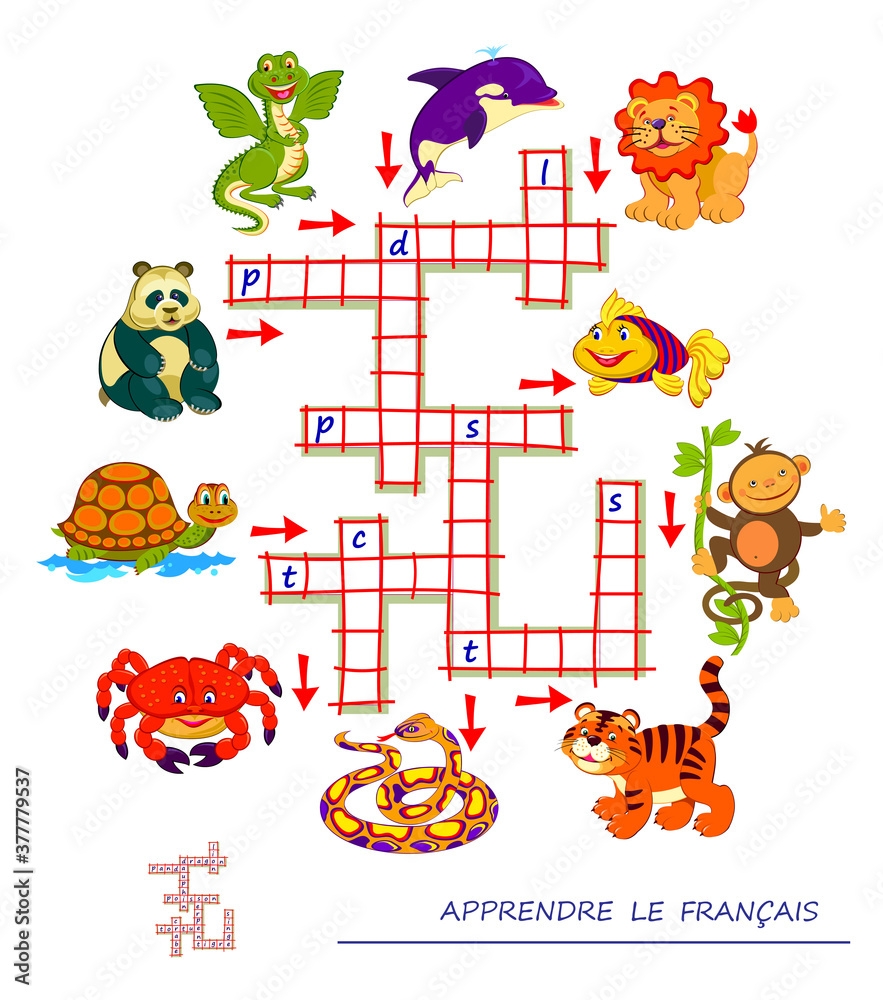 LEARN FRENCH Crossword Puzzle Game With Animals Educational Page For Children To Study French Language And Words Printable Worksheet For Kids Textbook School Exercise Book Flat Vector Stock Vector Adobe Stock