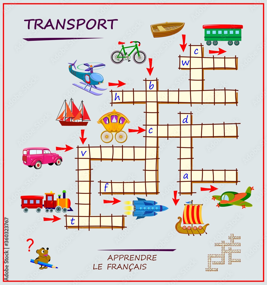 LEARN FRENCH Crossword Puzzle Game With Transport Educational Page For Children To Study French Language And Words Printable Worksheet For Kids Textbook School Exercise Book Flat Vector Stock Vector Adobe Stock