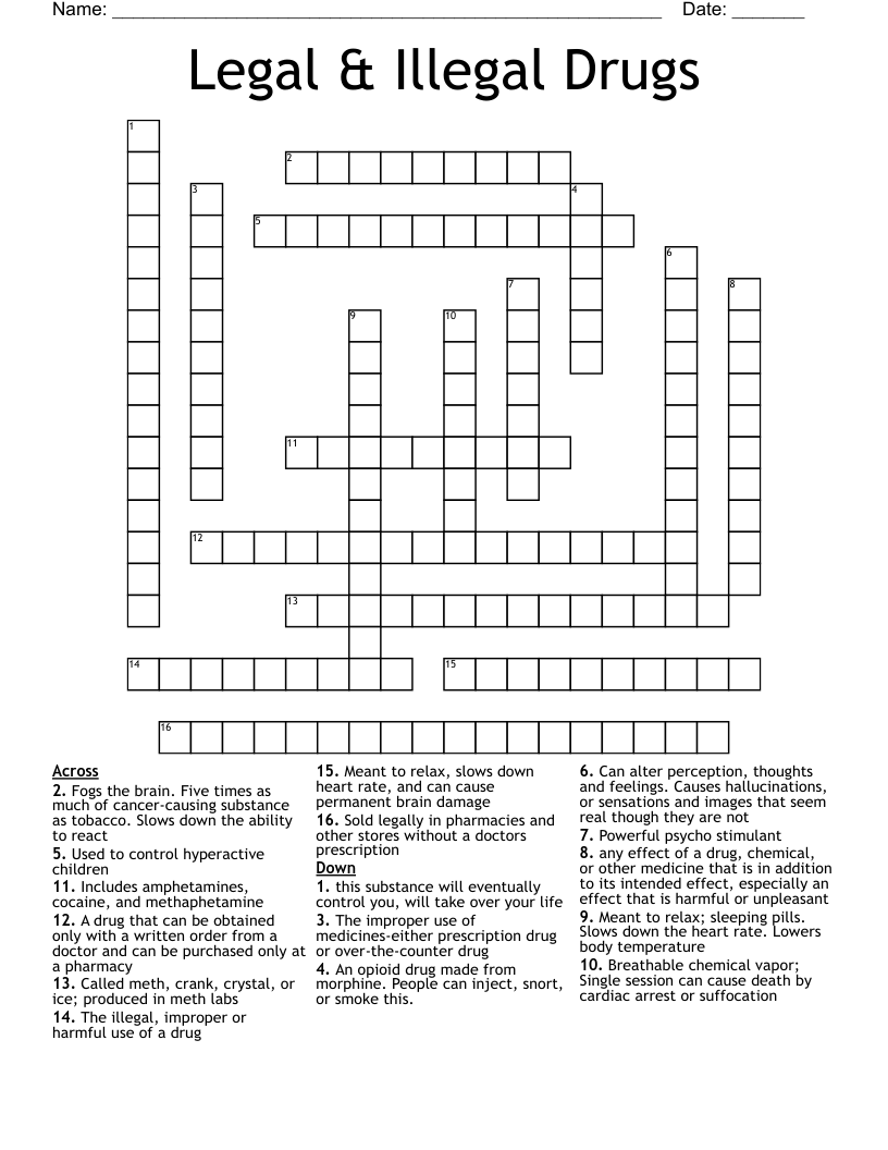 Legal Illegal Drugs Crossword WordMint