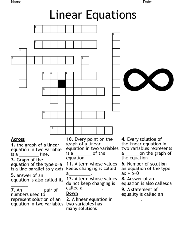 Linear Equations Crossword WordMint