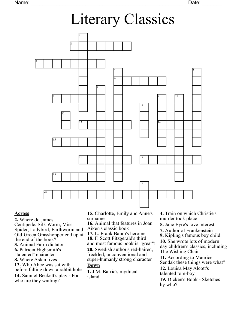printable literature crossword puzzles
