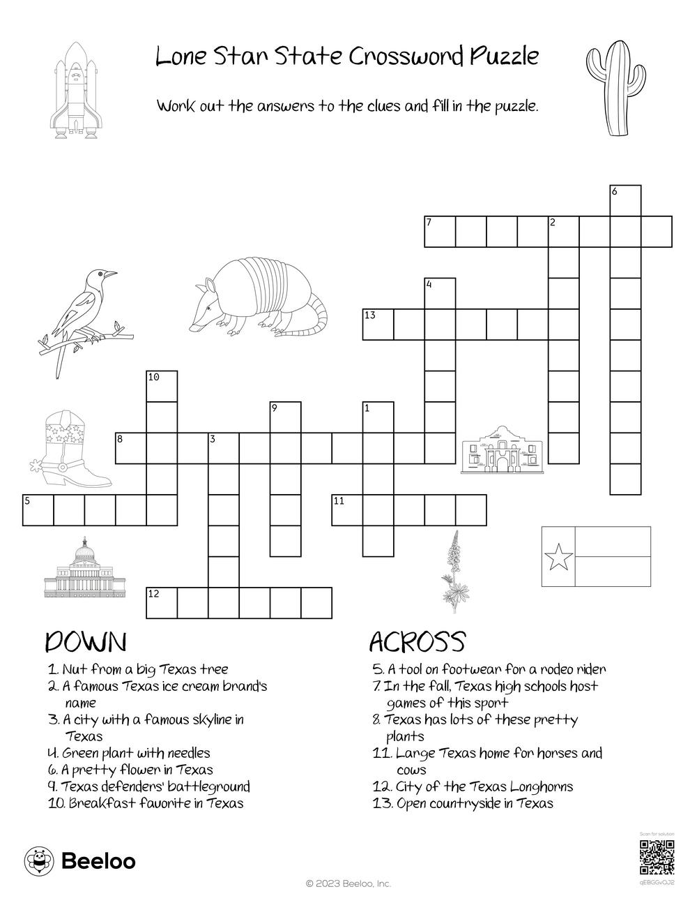 Lone Star State Crossword Puzzle Beeloo Printable Crafts And Activities For Kids