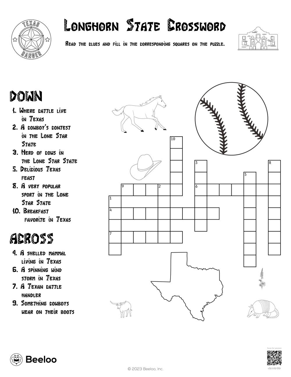 Longhorn State Crossword Beeloo Printable Crafts And Activities For Kids
