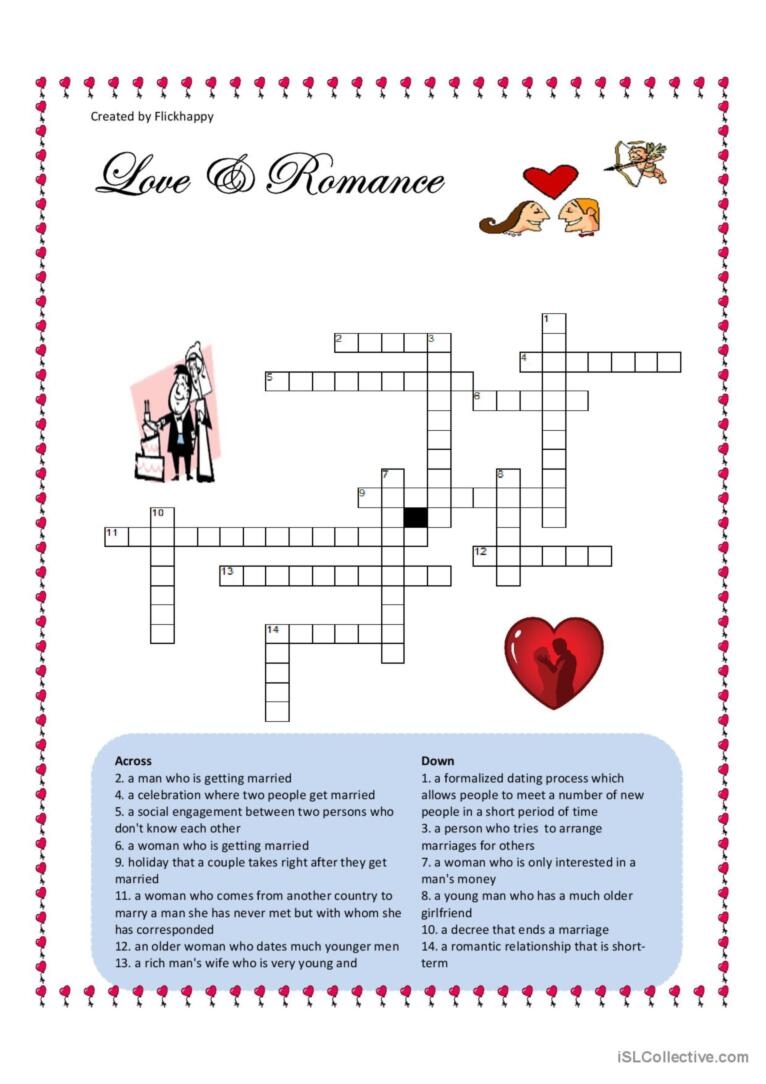 Love Romance Crossword English ESL Worksheets Pdf Doc