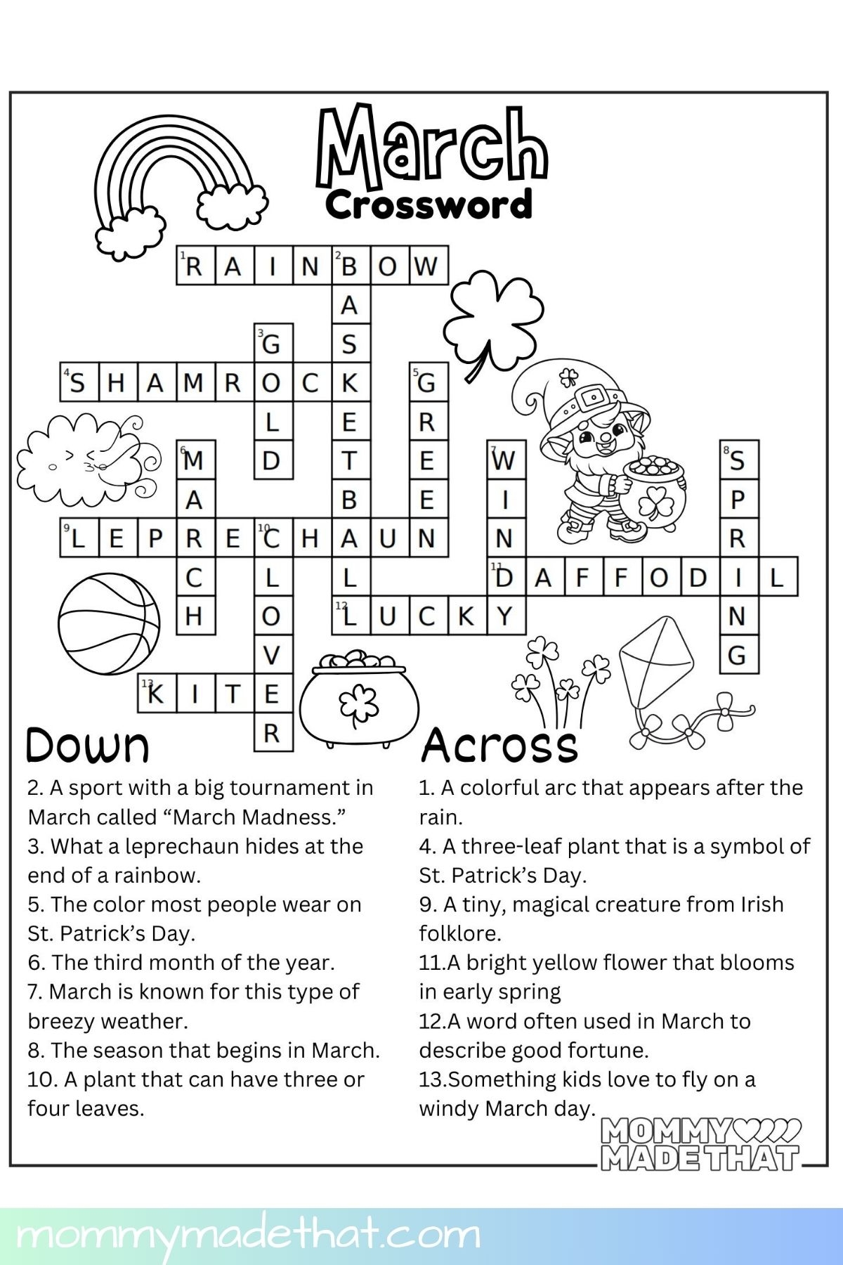 March Crossword Puzzle Free Printable With Answer Key 
