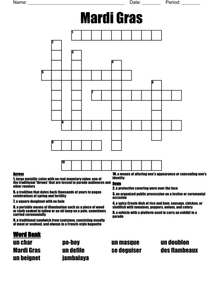 Mardi Gras Crossword WordMint